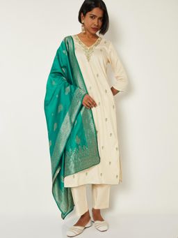 max - Women Cream Embroidered A-line with Dupatta Kurta with Pant and Dupatta