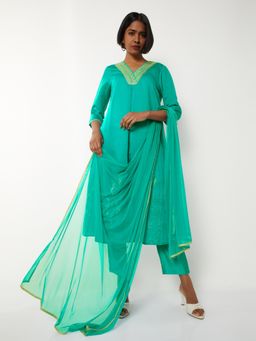 max - Women Teal Embroidered A-line Anarkali Kurta with Pant and Dupatta