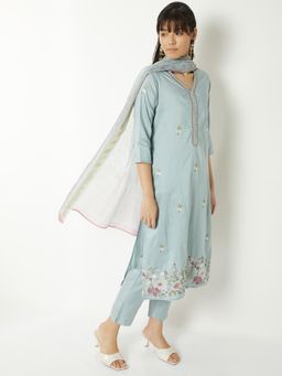 max - Women Blue Floral Embroidered Straight Kurta with Pant and Dupatta