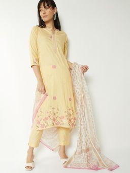max - Women Yellow Embroidered Kurta with Pant and Dupatta