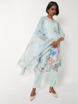 max - Women Blue Floral Print Straight Kurta with Pant and Dupatta