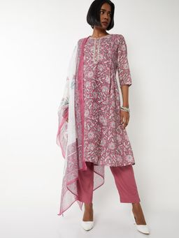 max - Women Pink Floral Printed A-line Kurta with Pant and Dupatta