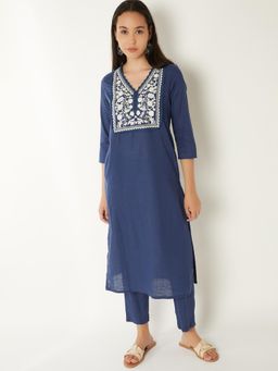 max - Women Blue Embroidered Yoke Straight Kurta with Pant