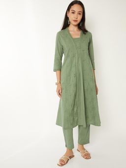 max - Women Olive Schiffli Kalidar Anarkali Kurta with Pant