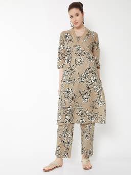 max - Women Beige Floral Print Straight Kurta with Pant