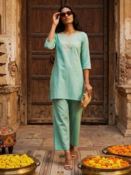 max - Straight Embroidered for Women Green Kurta with Pant