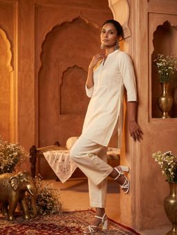 max - Women Cream Embroidered Straight Kurta with Pant