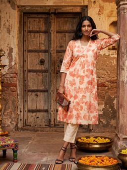 max - Women Orange Floral Print A-line Anarkali Kurta with Pant
