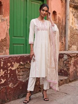 max - Women Off White Embroidered A-line Kurta with Pant and Dupatta