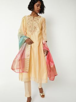 max - Women Beige Embroidered A-line Anarkali Kurta with Pant and Dupatta