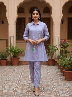 INDDUS - Lavender Floral Thread Embroiderd Kurta with Pant