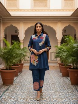 INDDUS - Navy Blue Floral Thread Embroiderd Kurta with Pant