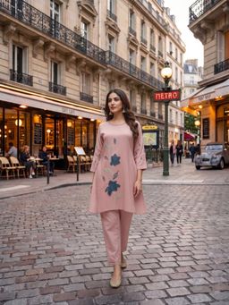 INDDUS - Pink Floral Thread Embroiderd Kurta with Pant