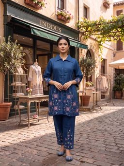 INDDUS - Navy Blue Floral Printed Kurta with Pant