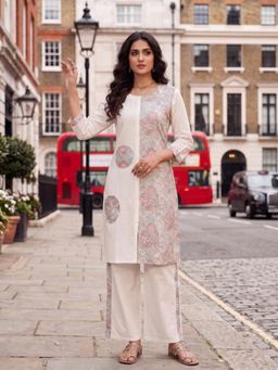 INDDUS - White Floral Thread Embroiderd Kurta with Pant