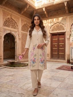 INDDUS - Beige Floral Thread Embroiderd Kurta with Pant