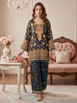 INDDUS - Black Ethnic Printed and Mirror Work Kurta with Palazzo