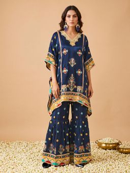 INDDUS - Navy Blue Ethnic Printed and Mirror Work Kaftan with Sharara