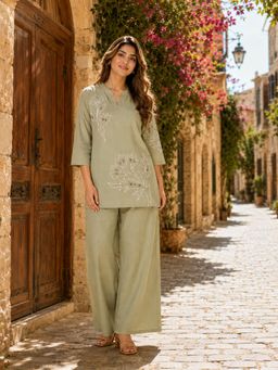 BERRYLICIOUS - Women Green Cotton Mirror Embroidered Co-ord