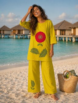 BERRYLICIOUS - Women Mustard Cotton Floral Patch Work Co-ord