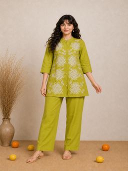BERRYLICIOUS - Women Lime Floral Bead Work Kurti with Pant