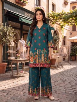 INDDUS - Teal Floral Printed Kurta with Palazzo
