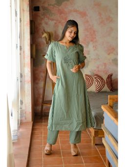 Vastara TheLabel - Muted Green Handloom Cotton Kurta with Pant