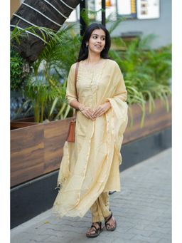 Vastara TheLabel - Buttercream Beige Handloom Cotton Kurta with Pant and Dupatta