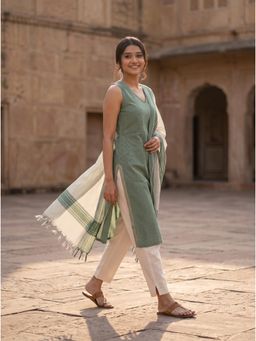 Vastara TheLabel - Mint Green Checks Cotton Kurta with Pant and Dupatta