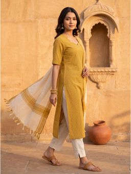Vastara TheLabel - Mustard Yellow Checks Cotton Kurta with Pant and Dupatta