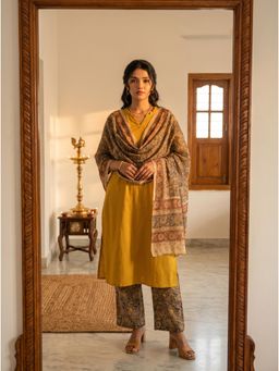 Vastara TheLabel - Mustard Yellow Handloom Cotton Kurta with Pant and Dupatta
