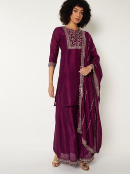 max - Women Purple Embroidered Straight Kurta with Palazzo and Dupatta