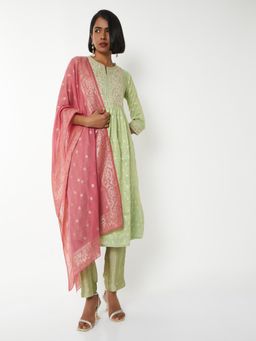 max - Women Green Embroidered A-line Anarkali Kurta with Pant and Dupatta