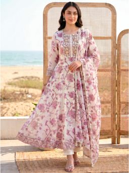 ARAMYA - Soft Cotton Kurta Floral Anarkali Kurta with Pant and Dupatta