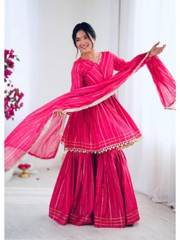 Wedani - Pink Embroidered Anarkali Kurta with Sharara and Dupatta