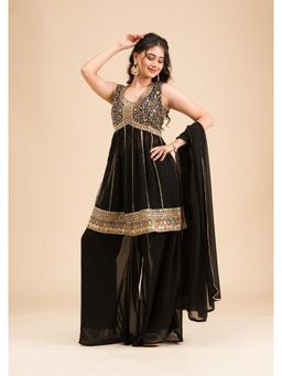 Wedani - Black Embroidered Anarkali Kurta with Sharara and Dupatta