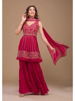 Wedani - Red Embroidered Anarkali Kurta with Sharara and Dupatta