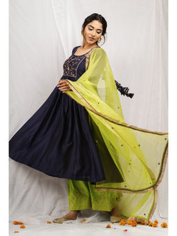 Tapestry - Navy Blue Anarkali With Green Dupatta And Embroidered Palazzo (Set of 3)