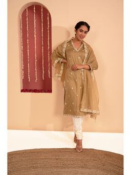 Tapestry - Brown Straight Kurta With Churidar And Embroidered Dupatta (Set of 3)