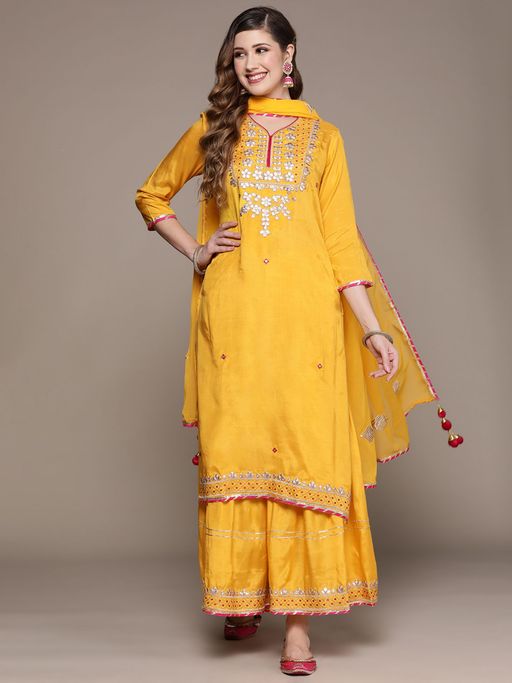 ISHIN Womens Yellow Embroidered A-Line Kurta with Sharara & Dupatta (Set of 3)
