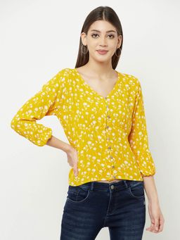 CRIMSOUNE CLUB - Women Yellow Floral Printed V-Neck Top