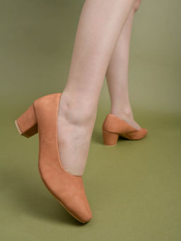 Shoetopia - Solid Round Toe Tan Block Heels for Girls