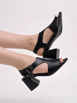 Shoetopia - Solid Round Toe Black Block Heels for Girls