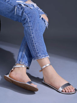 Shoetopia - Stylish Embellished Silver Flat Sandals for Girls