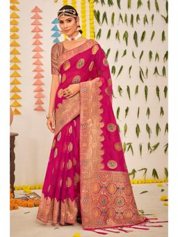 Sangam Prints - Magenta Organza Woven Zari Work Traditional Tassel Saree with Unstitched Blouse