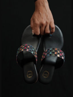 Dhaga - Threaded Harmony Multicolor Black Block Heel Kolhapuri