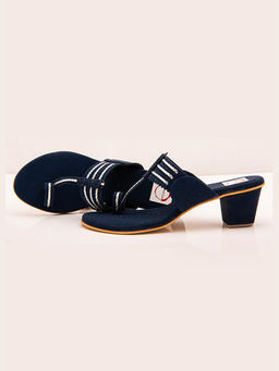 Dhaga - Navy Blue Block Heel Kolhapuri
