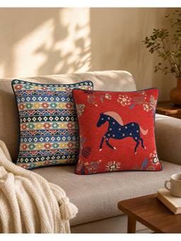 Chumbak - Galloping Grove Jacquard Forest Folklore Cushion Cover (Pack Of 2)