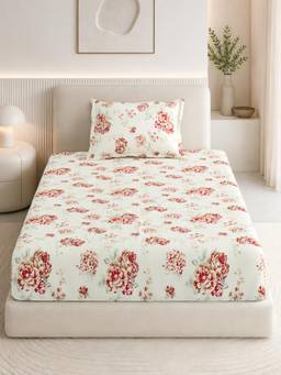 Haus & Kinder - White Cotton 186 Tc Single Fitted Bedsheet English Rose Reverie