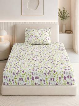 Haus & Kinder - White Cotton 186 Tc Single Fitted Bedsheet Moonlit Lavender Garden